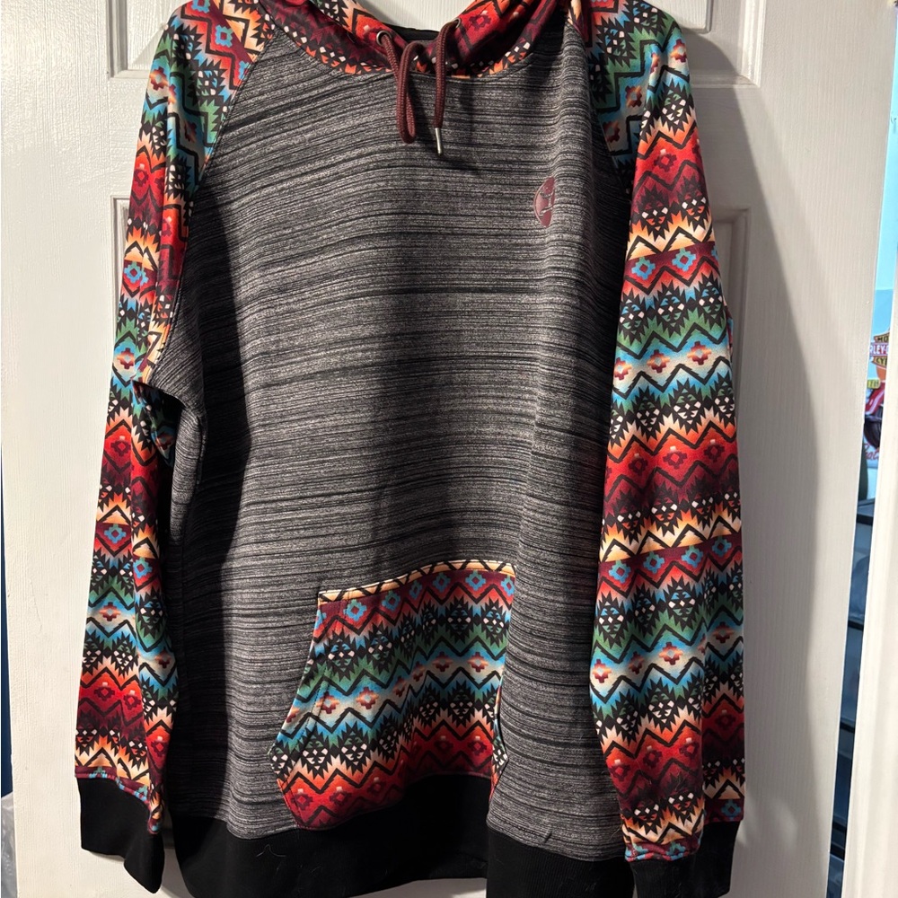 Hooey Gray Hoodie with Vibrant Multicolor Patterns